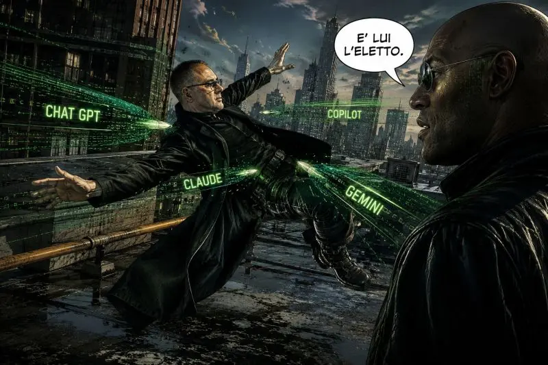Meme che rappresenta i supereroi AI (ChatGPT, Copilot, Claude, Gemini) che lanciano attacchi verso un uomo in difesa.