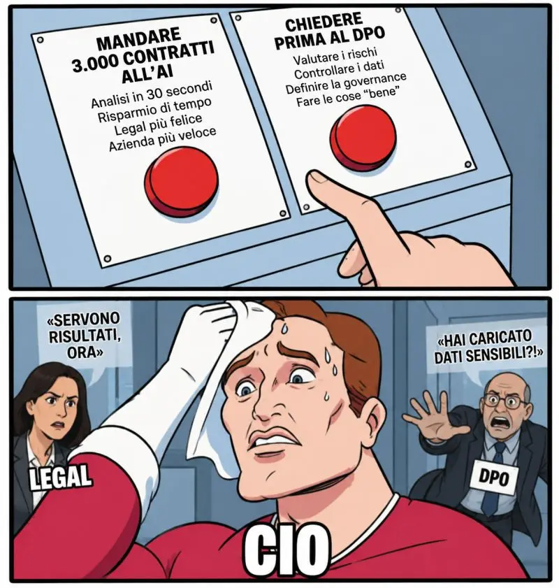 Vignetta satirica: meme two-button con CIO sudato nel mezzo tra Legal che urla 'Servono risultati!' e DPO che grida 'Hai caricato dati sensibili?!'