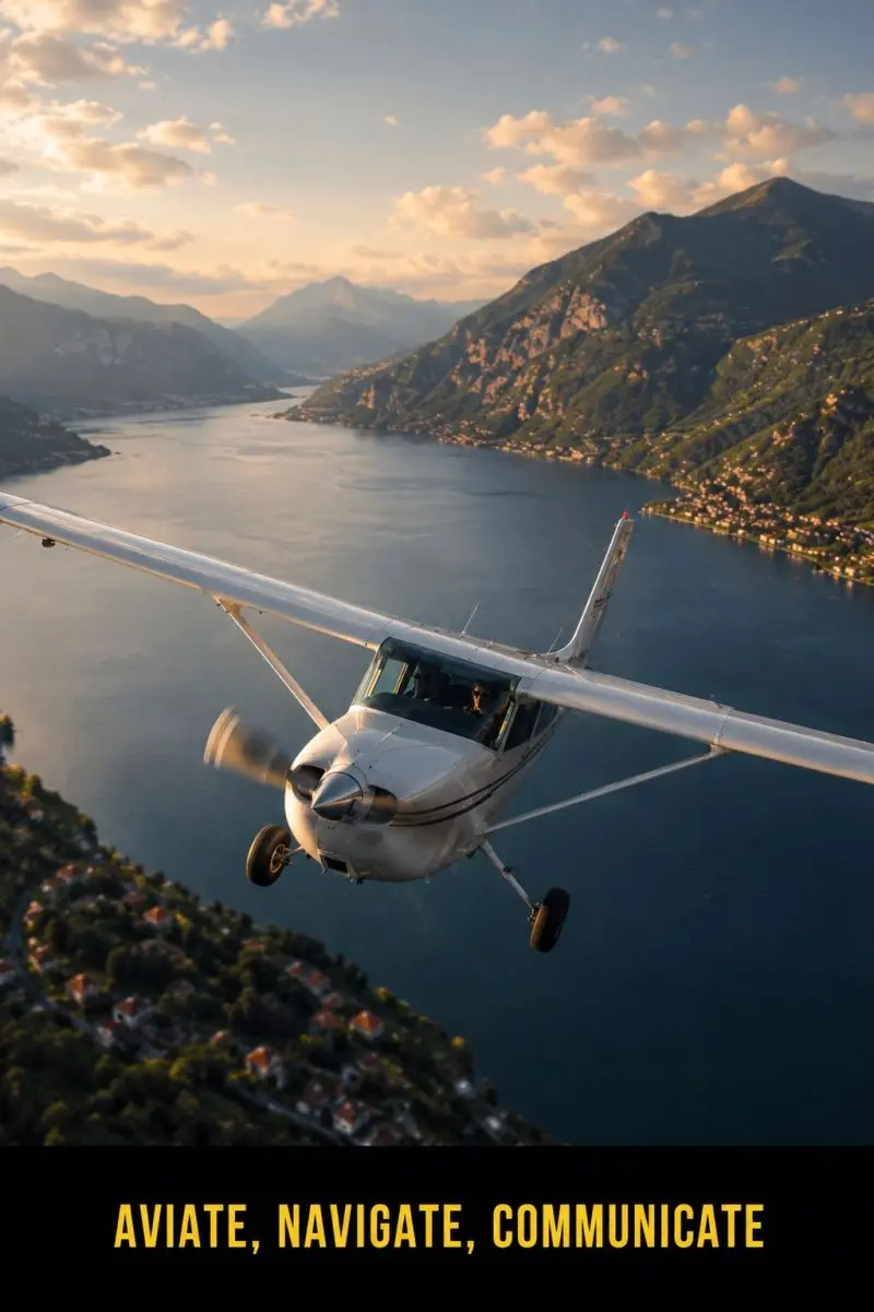 Aereo in volo sopra un lago di montagna con paesaggio alpino sullo sfondo. In basso il testo: AVIATE, NAVIGATE, COMMUNICATE