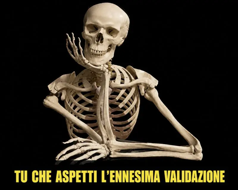 Teschio scheletrico con testo in giallo: TU CHE ASPETTI L'ENNESIMA VALIDAZIONE