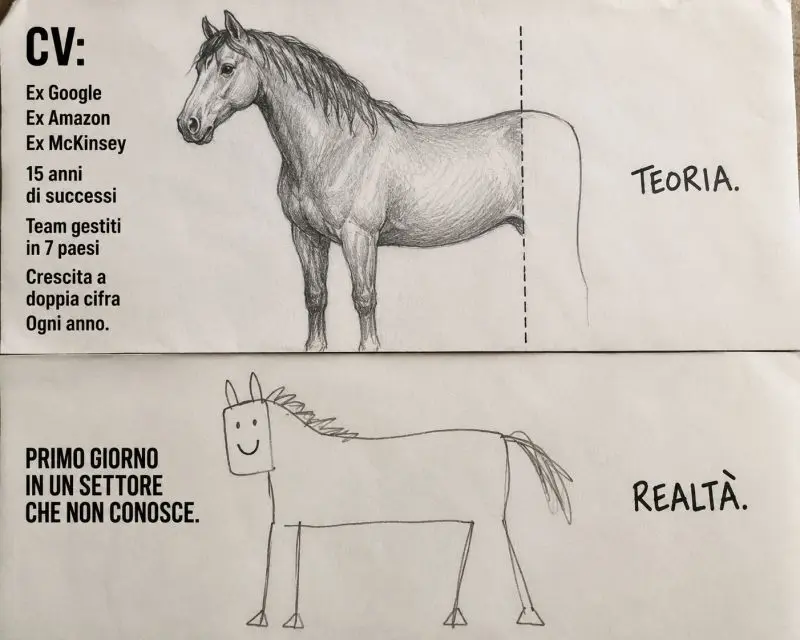 Due pannelli disegnati: uno con cavallo da corsa e CV impressionante etichettato TEORIA, uno con cavallo scarabocchiato etichettato REALTÀ