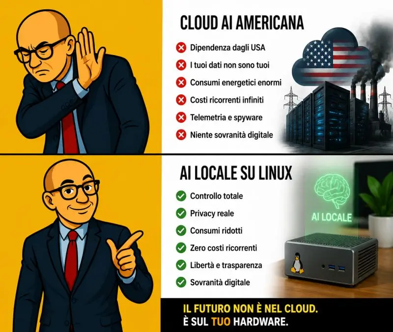 Confronto tra cloud AI americana (dipendenza, telemetria, spyware) e AI locale su Linux (controllo, privacy, consumi ridotti)