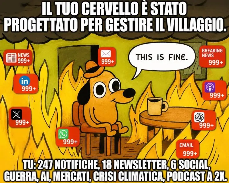 Cane circondato da notifiche di news e social media con la scritta 'This is fine'
