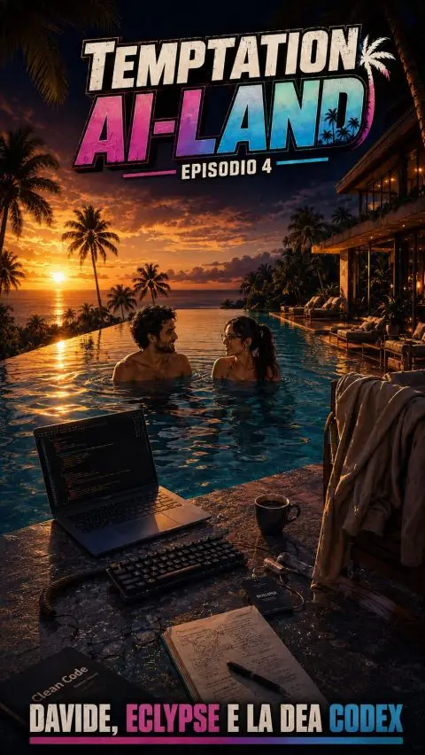 Temptation AI-land episodio 4: una scena di seduzione tecnologica con due figure in piscina al tramonto, laptop e tastiera sul bordo