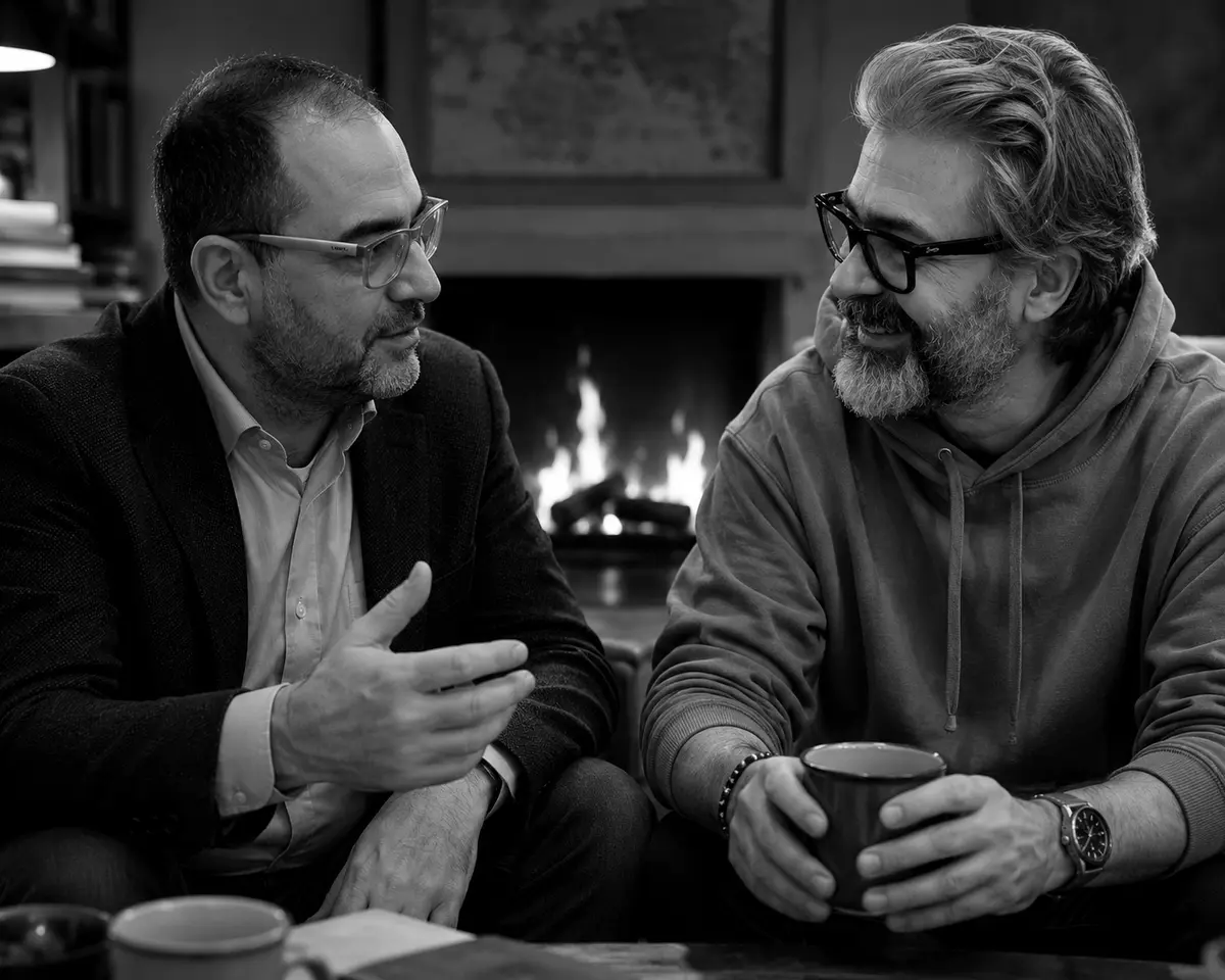 Due uomini in conversazione davanti a un fuoco, podcast fireside chat